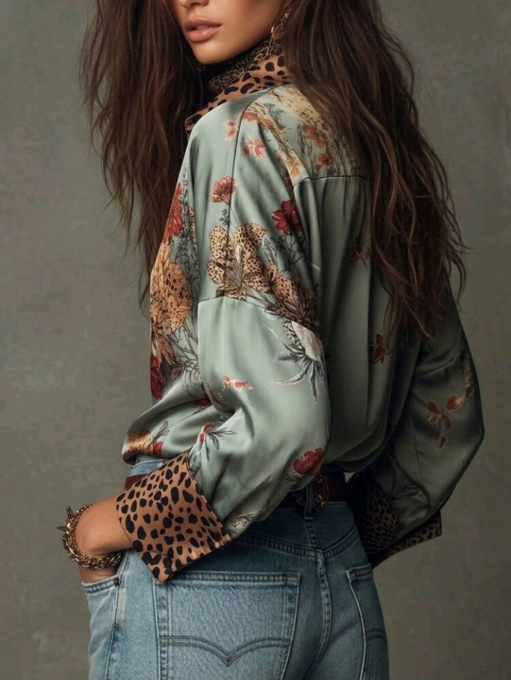Women's Printed Blouse With Leopard Print Cuff Design,Fashionable Elegant Casual - Picture 5 of 6